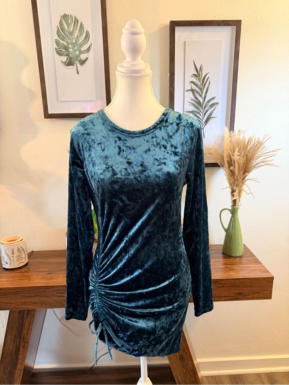 Emerald Green Crushed Velvet Ruched Mini Dress Long Sleeve Y2K Size L